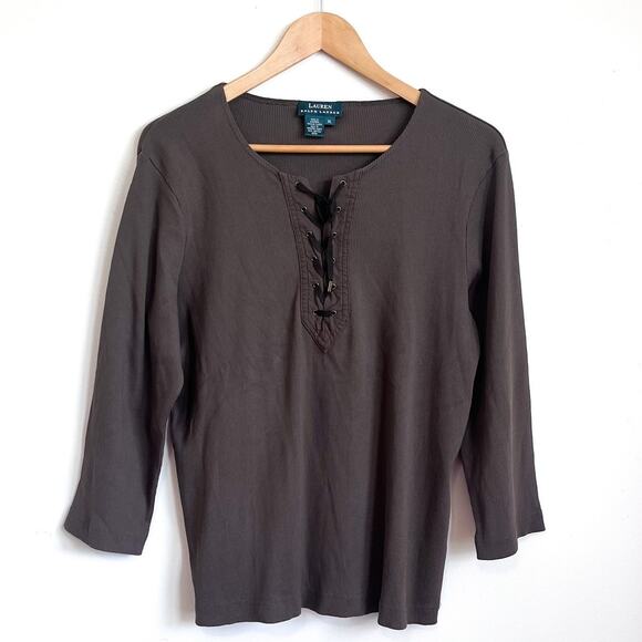 Lauren Ralph Lauren Equestrian Lace Up Women Shirt Size XL Green Peasant Safari - Picture 1 of 6